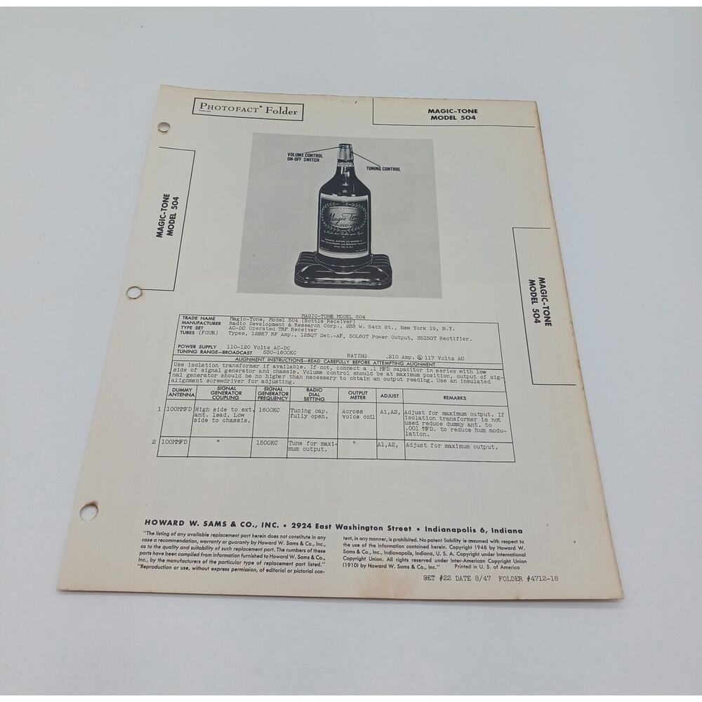 VTG Howard Sams 1947 Radio Photofact Folder Magic Tone Model 504